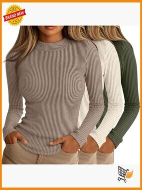 3 Pack Women's Ribbed Mock Turtleneck Long Sleeve Slim Fit Tees Layering Tops